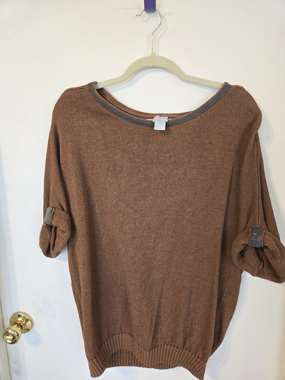 Chico's Brown Lightweight Knit Top with Heathered Trim